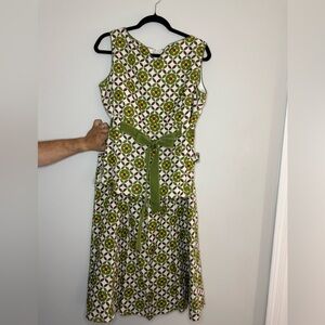 Vintage 60s Mod Geometric Print Dress Green BrownYellow Belted Sleeveless A-Line